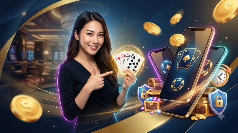 Điện thoại hiển thị giao diện casino trực tuyến an toàn với biểu tượng khiên bảo vệ và các tiêu chí lựa chọn