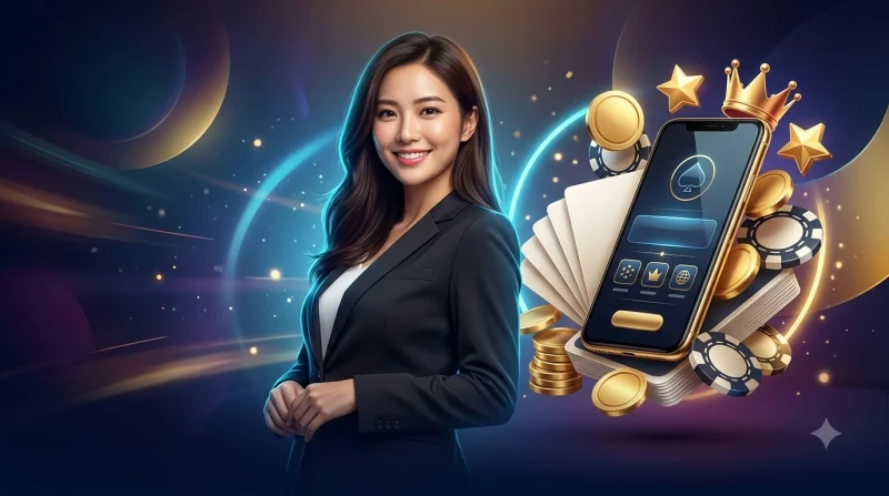 Không gian VIP sang trọng với biểu tượng VS Bet, cúp vàng, chip và điện thoại hiển thị chiến thắng