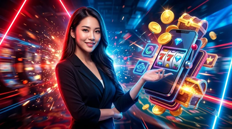 Người chơi đang tìm hiểu kinh nghiệm chơi nổ hũ trên điện thoại trước máy slot