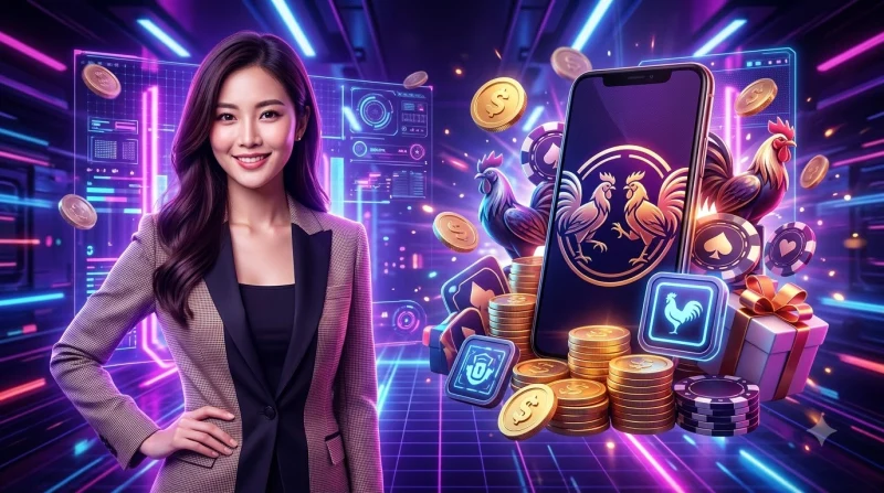 Người chơi thoải mái ngồi trên ghế xem trận đá gà trực tiếp trên TV, xung quanh là biểu tượng tiền xu, hộp quà và khiên bảo vệ, thể hiện lợi ích của cá cược đá gà online